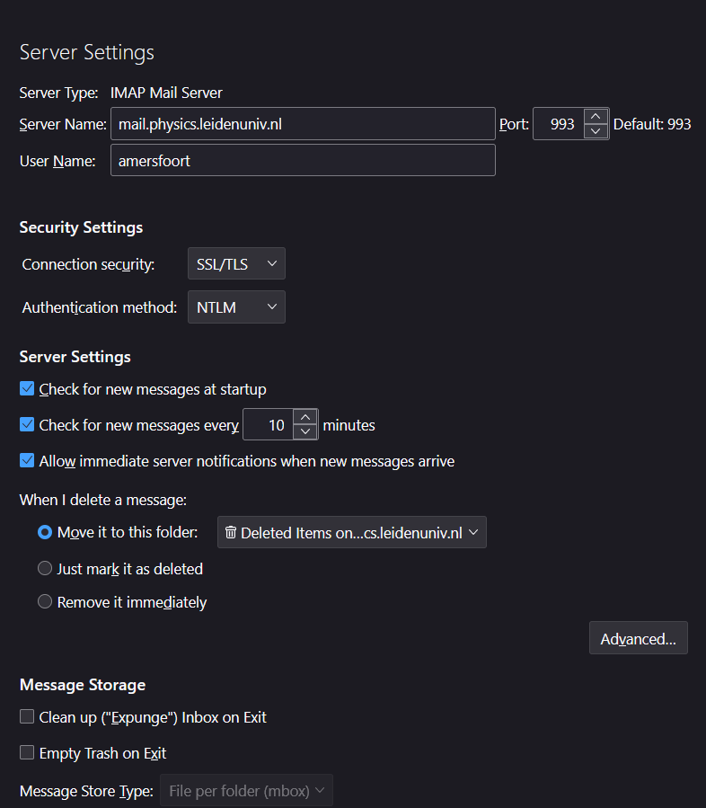 Thunderbird Server Settings Panel